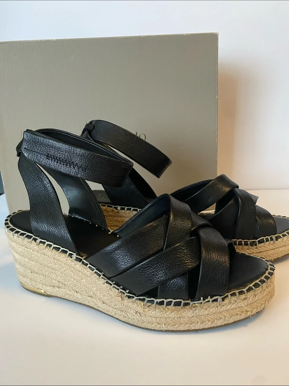 Franco Sarto Black Leather Espadrille Wedge Sandals with Ankle Strap Size 10